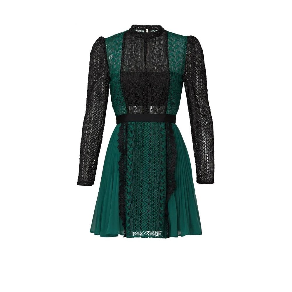 COPY - Self-Portrait Green Black Printed Lace Pleated Mini Dress Long Sleeve Si… - Picture 10 of 10
